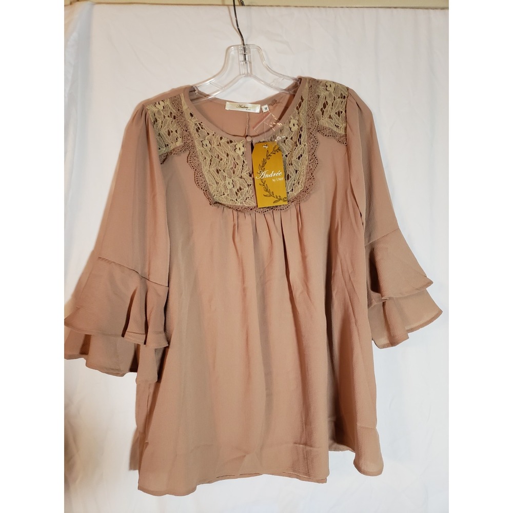 Women's Andree By Unit Taupe Lace Ruffled Sleeve Boho Top Size M